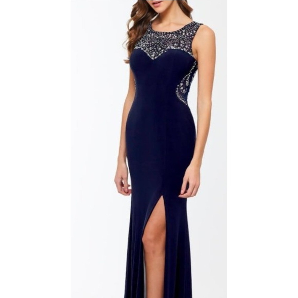 Navy Beaded Illusion Prom Gown with Front Slit